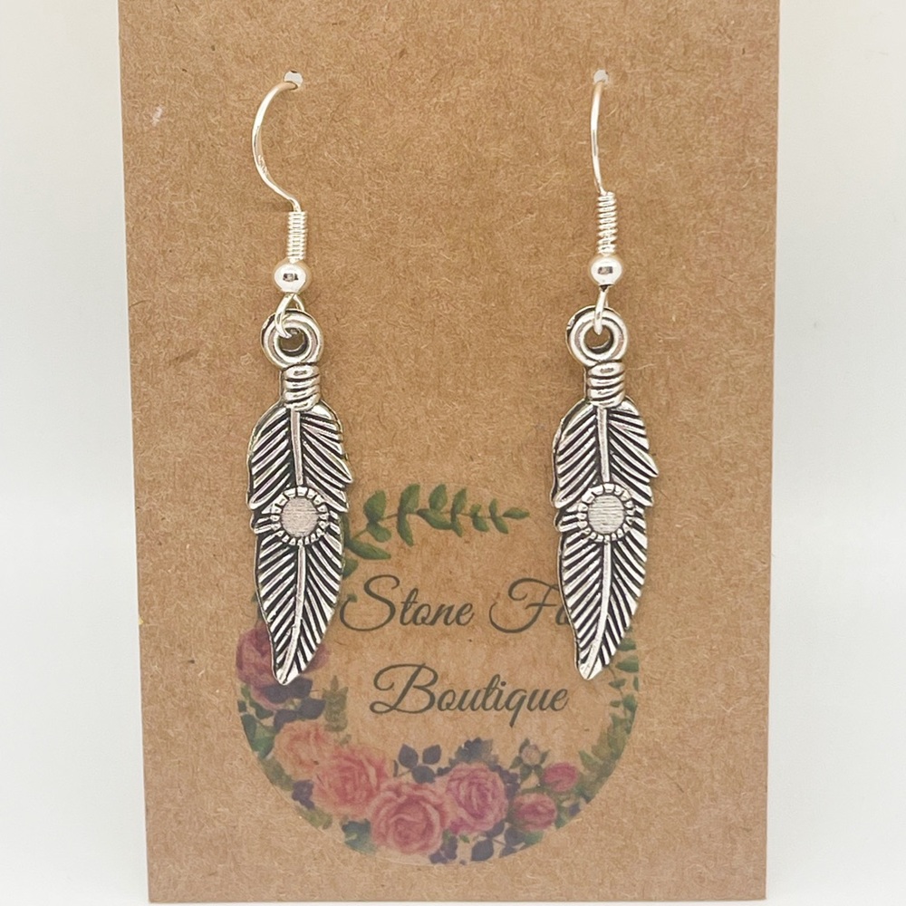 .925 Sterling Silver Hook Wire Earrings with Southwest, Feather Novelty Charms.